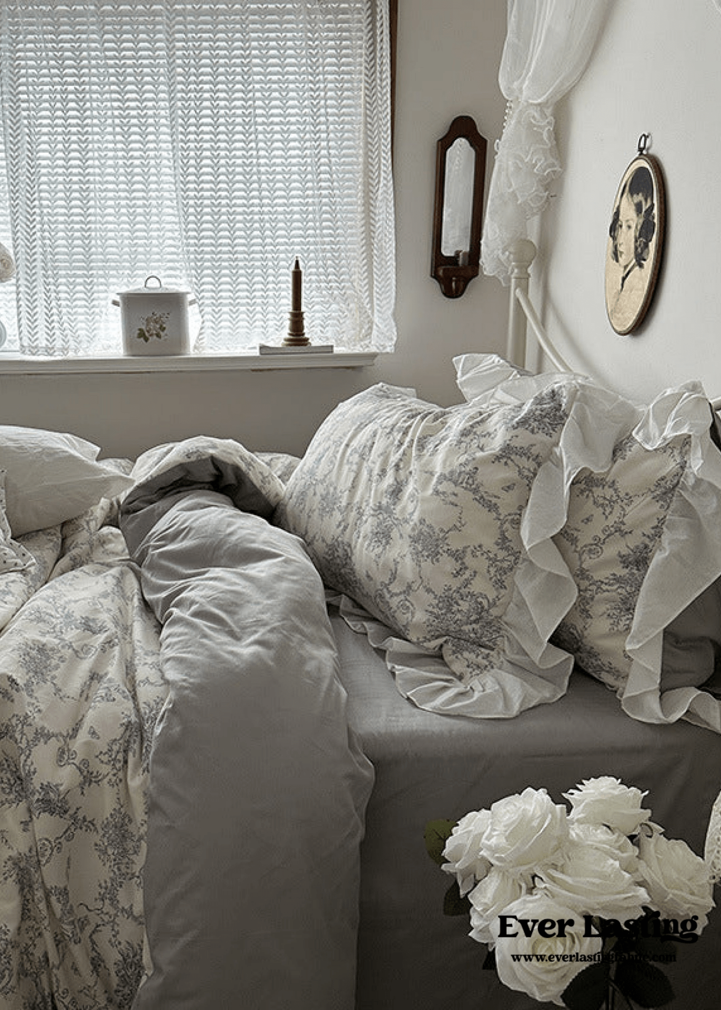 French Ruffle Floral Bedding Set / Gray - Ever Lasting