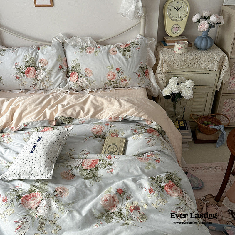French Ruffle Floral Bedding Set / Green