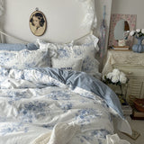 French Ruffle Floral Bedding Set / Green Blue Small Flat