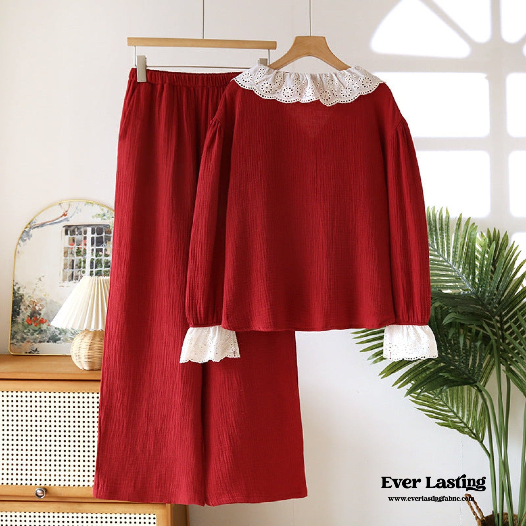 French Ruffled Long Sleeves and Pants Pajama Set / Navy - Ever Lasting