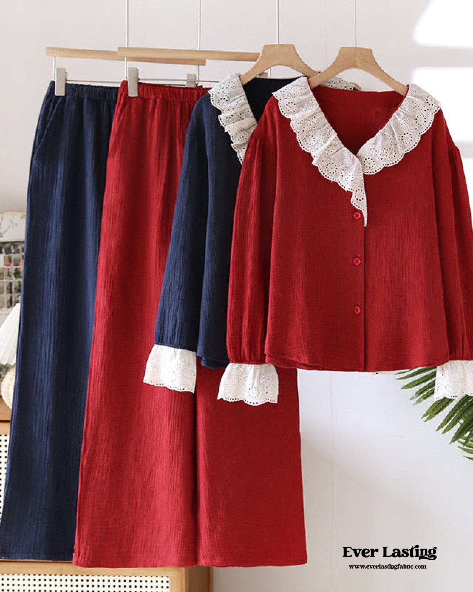 French Ruffled Long Sleeves and Pants Pajama Set / Navy - Ever Lasting