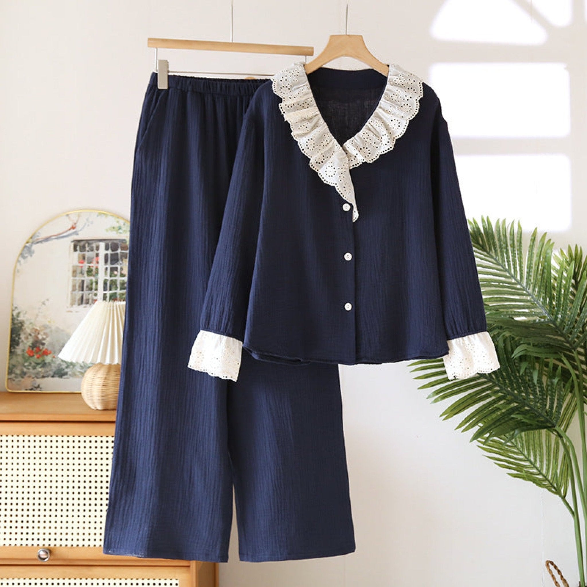 French Ruffled Long Sleeves and Pants Pajama Set / Navy - Ever Lasting