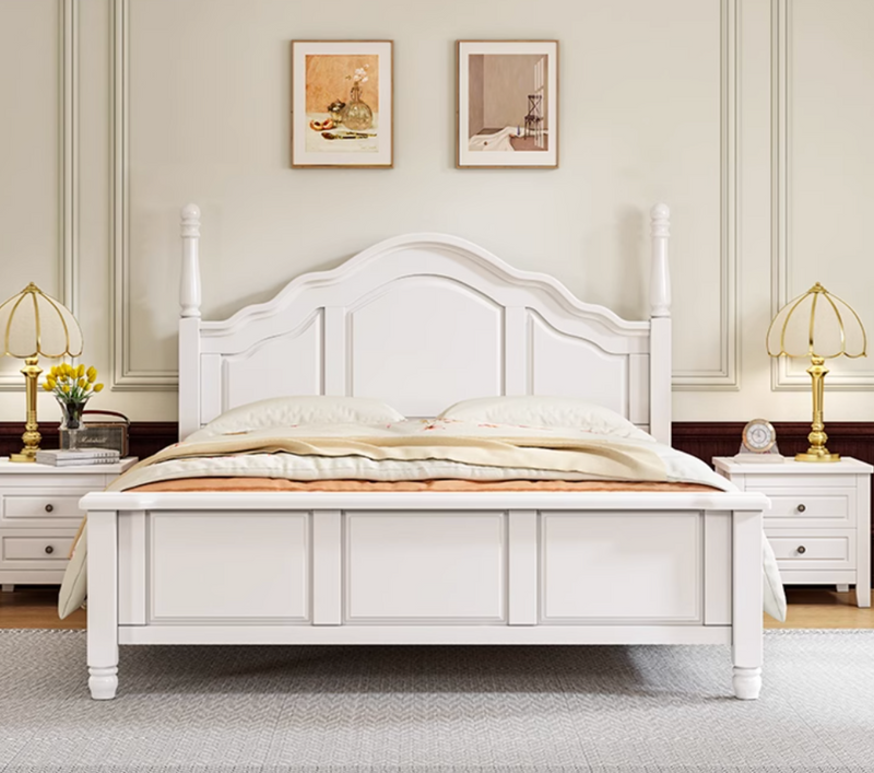 French Solid Wood Brown Bed Frame White / Medium