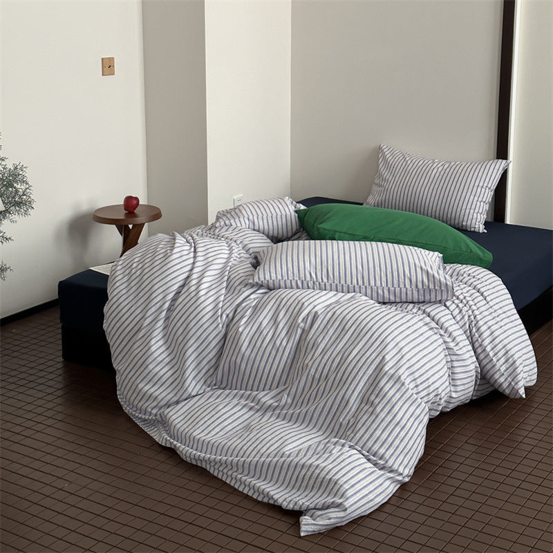 French Stripes Minimal Bedding Set / Green Yellow Blue + White Small Flat