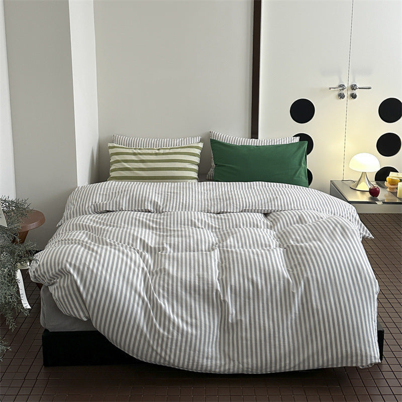 French Stripes Minimal Bedding Set / Green Yellow White + Gray Small Flat