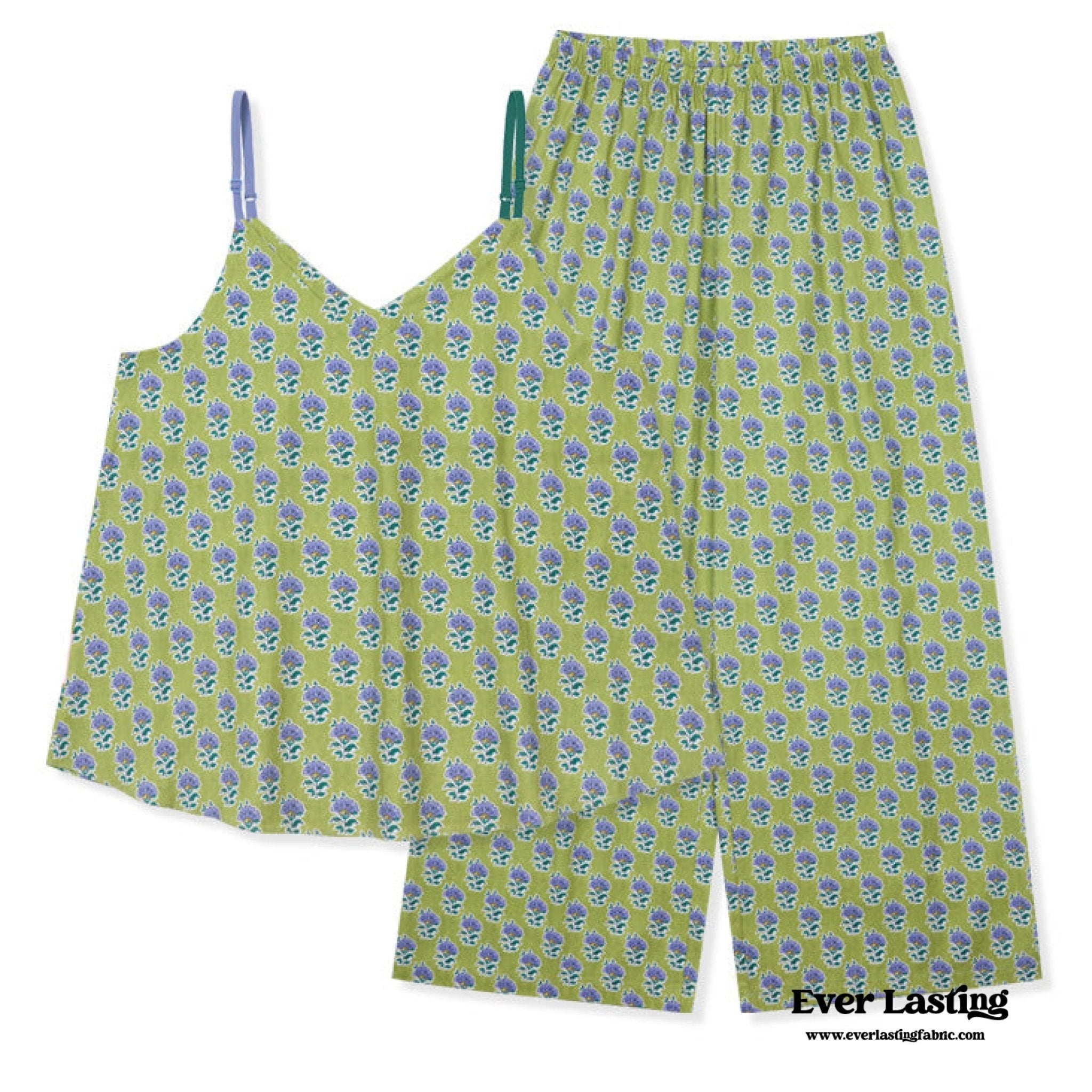 French Vintage Green Floral Silky Tank + Pants Pajama Set - Ever Lasting