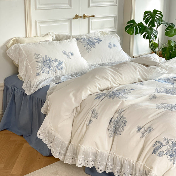 French White Lace Ruffle Bedding Set Medium / Flat