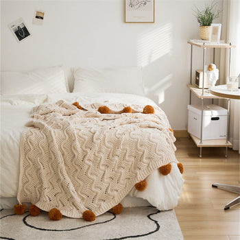 Fuzzy Ball Plush Knit Blanket & Pillow Set (3 Colors) Beige / Blankets