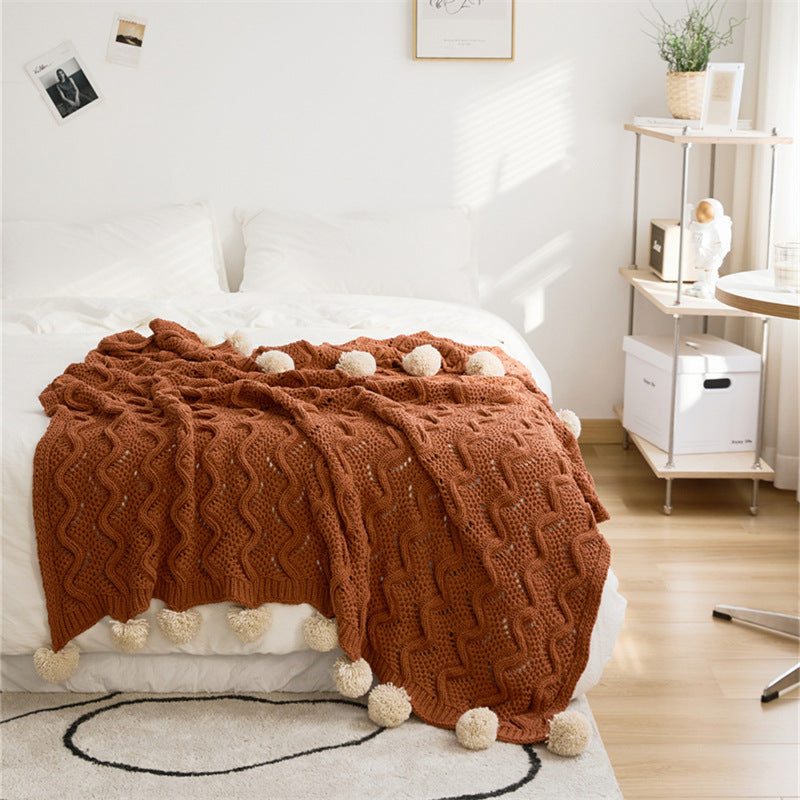 Fuzzy Ball Plush Knit Blanket & Pillow Set (3 Colors) Red / Blankets