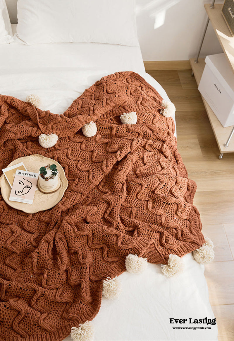Fuzzy Ball Plush Knit Blanket & Pillow Set / Beige Blankets