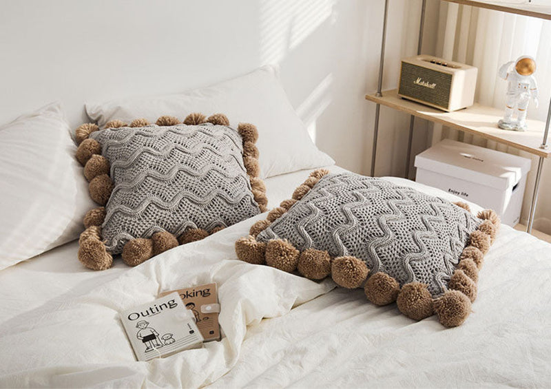 Fuzzy Ball Plush Knit Blanket & Pillow Set / Beige Gray Pillowcase Blankets