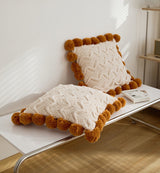 Fuzzy Ball Plush Knit Blanket & Pillow Set / Fire Brick Red Beige Pillowcase Blankets