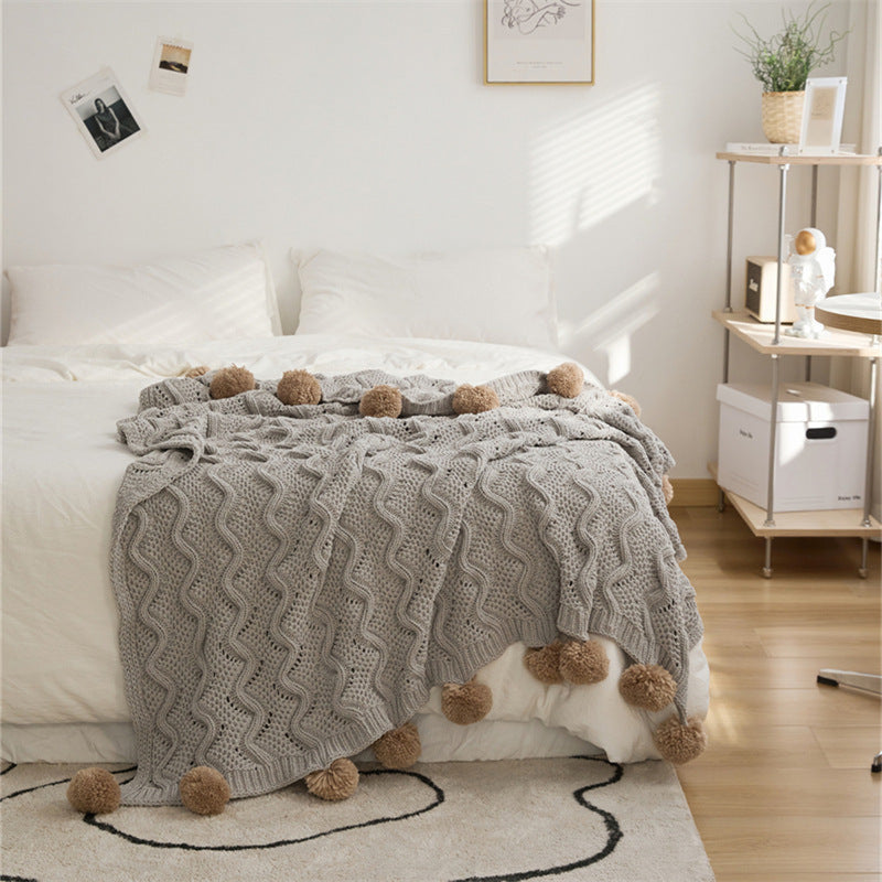 Fuzzy Ball Plush Knit Blanket & Pillow Set / Fire Brick Red Gray Blankets