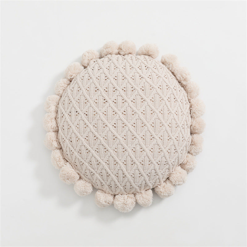 Fuzzy Ball Round Pillow (7 Colors) Beige