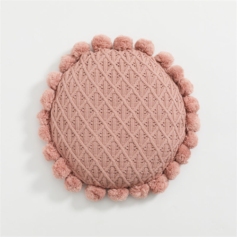 Fuzzy Ball Round Pillow / White Pink
