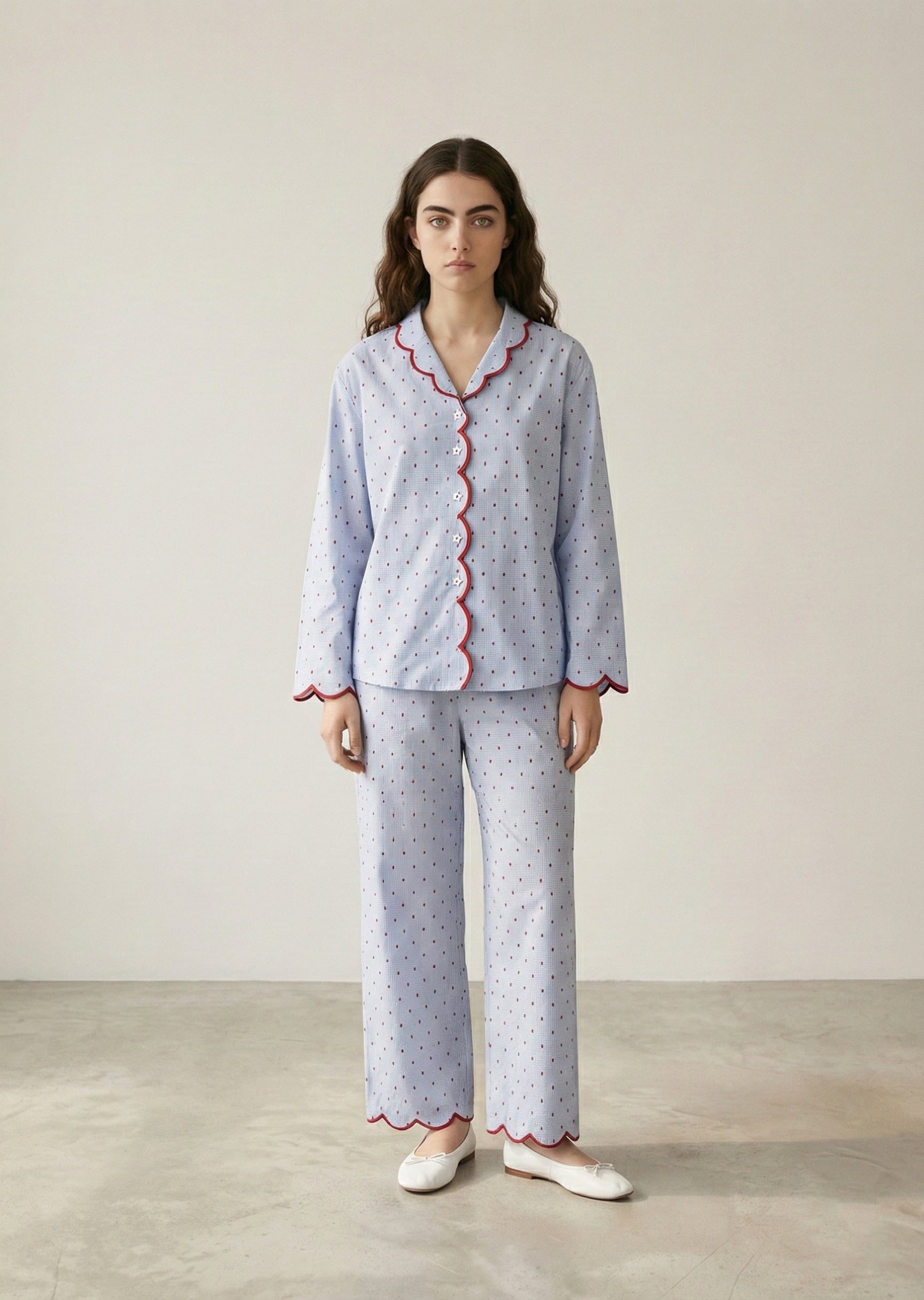 - Ever Lasting - Geneviève Notched Collar Cotton Pajama Set / Light Blue - Pajamas - Ever Lasting