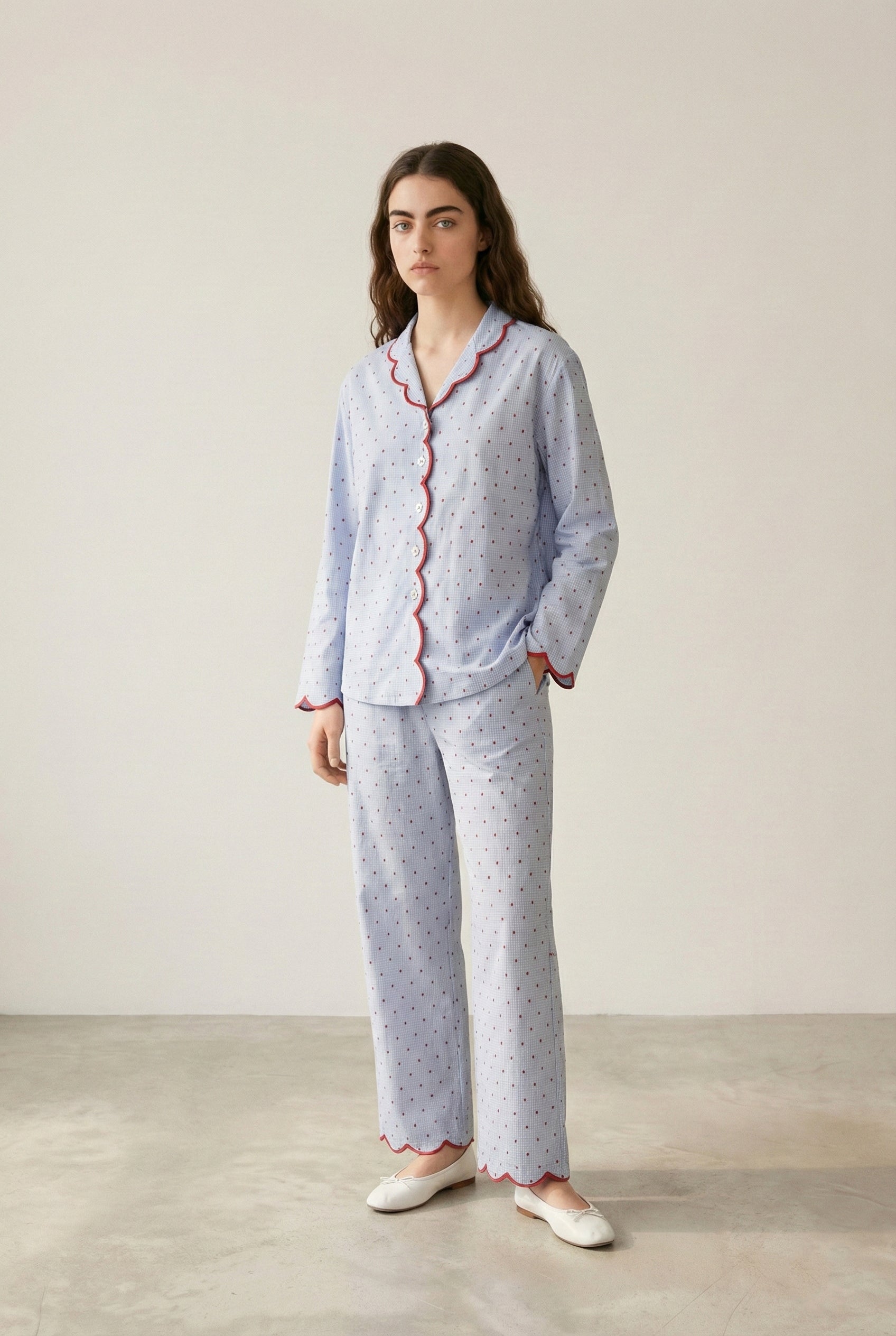  - Ever Lasting - Geneviève Notched Collar Cotton Pajama Set / Light Blue - Pajamas - Ever Lasting