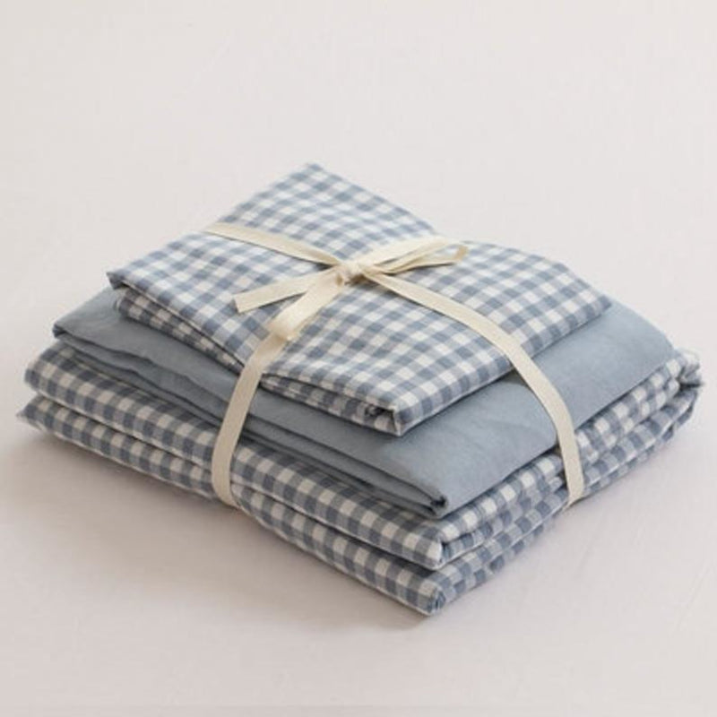 Gingham Bedding Set / Brown Blue Small Flat