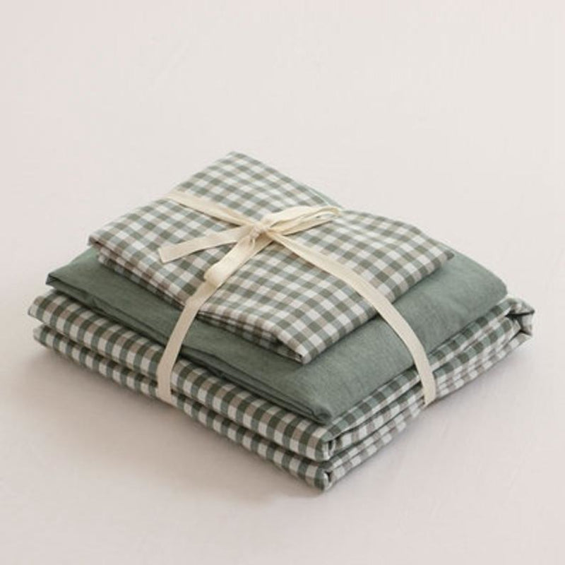 Gingham Bedding Set / Brown Green Small Flat
