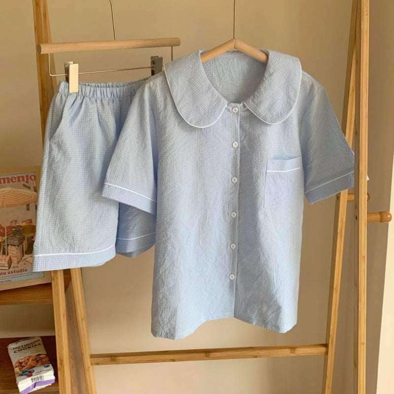 Gingham Blue Short Sleeves And Shorts Pajama Set / One Size Pajamas