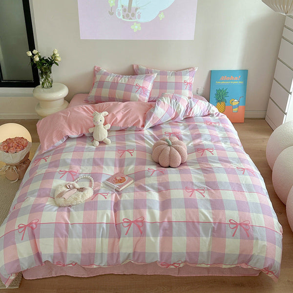 Gingham Ribbon Tie Pink Bedding Set / Small Flat