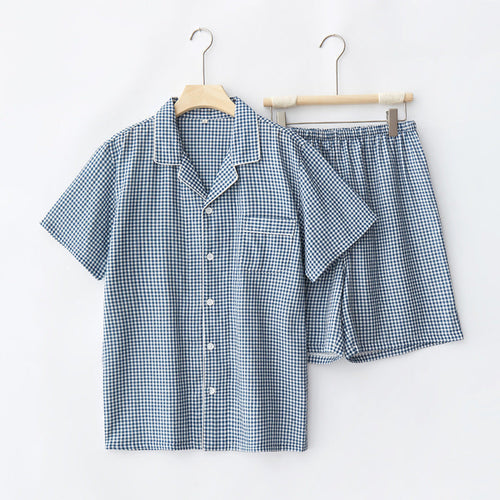Gingham Short-Sleeve & Shorts Pajama Set / Blue Small (Men) Pajamas
