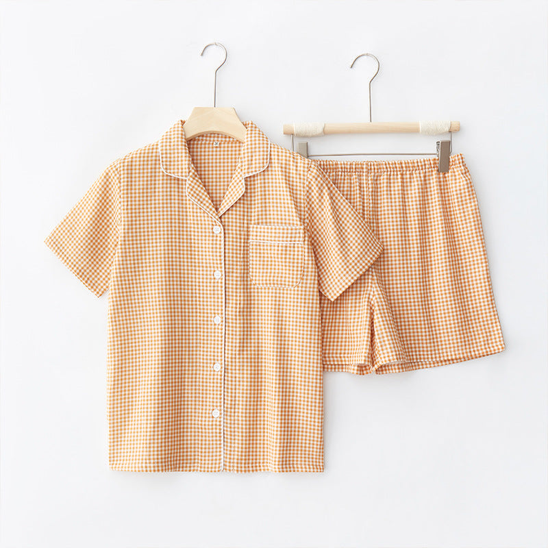 Gingham Short-Sleeve & Shorts Pajama Set / Blue Orange Small (Women) Pajamas