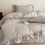 Gray Stripe Ruffle Bedding Set / Medium Fitted
