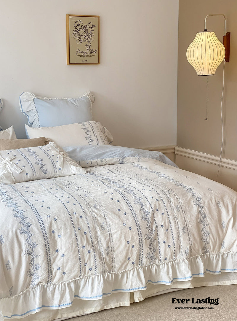 Embroidered French Lace Ruffle Bedding Set / Blue