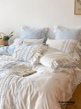 Embroidered French Lace Ruffle Bedding Set / Blue