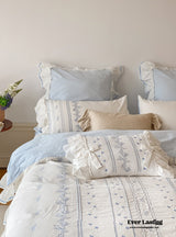 Embroidered French Lace Ruffle Bedding Set / Blue