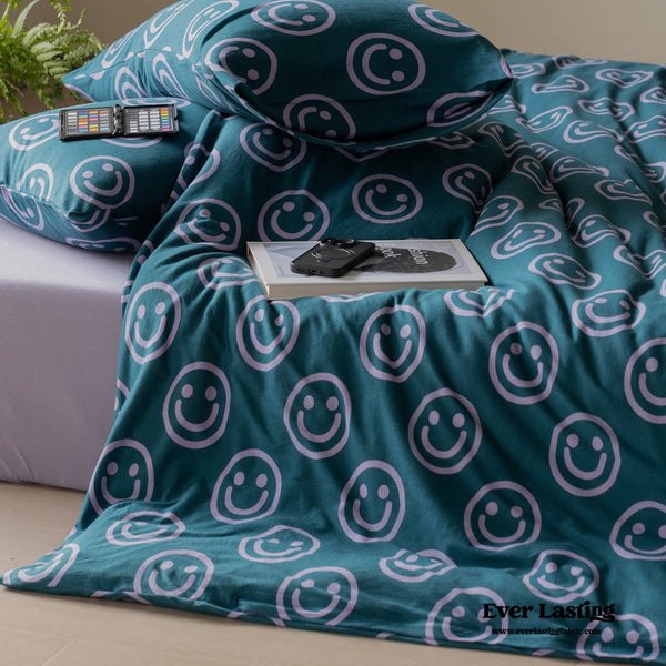 Happy Face Cotton Bedding Set / Blue Green