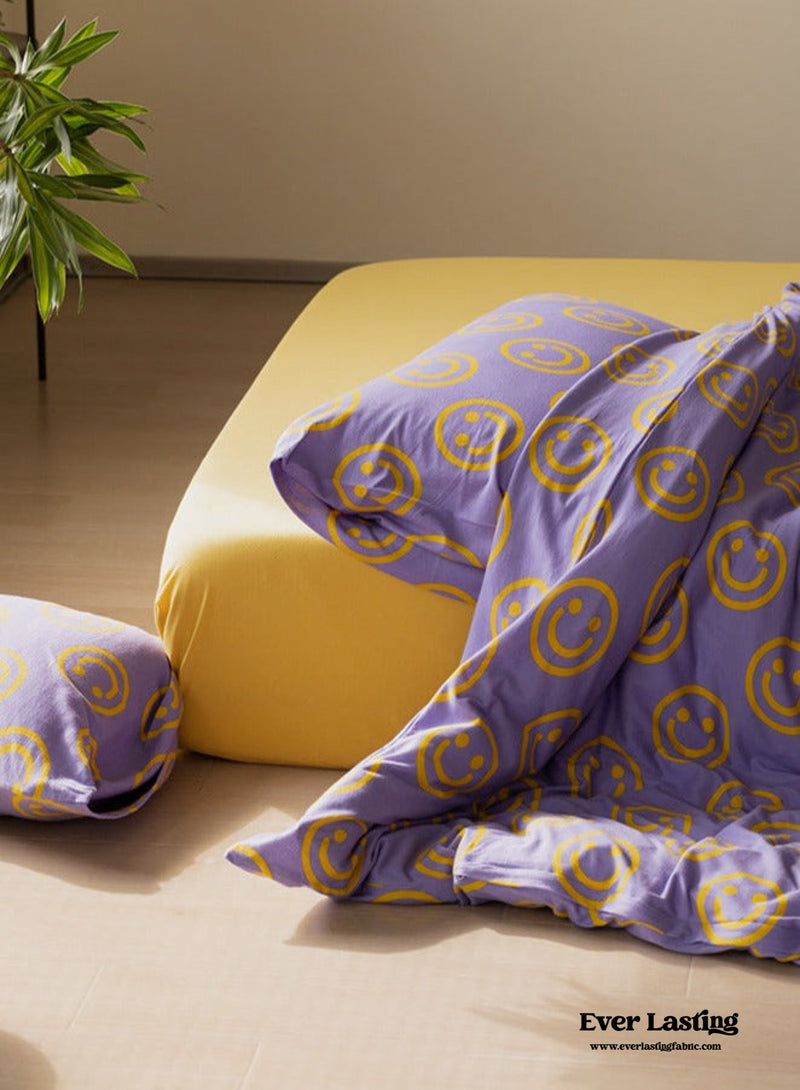 Happy Face Cotton Bedding Set / Purple Yellow