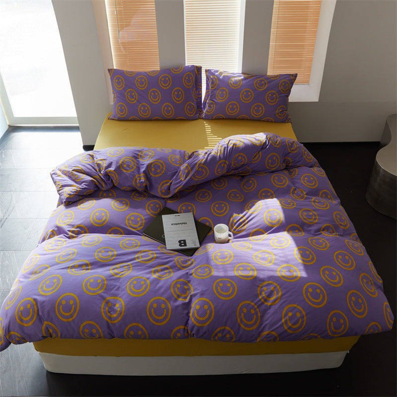 Happy Face Cotton Bedding Set / Purple Yellow Small/Medium Fitted
