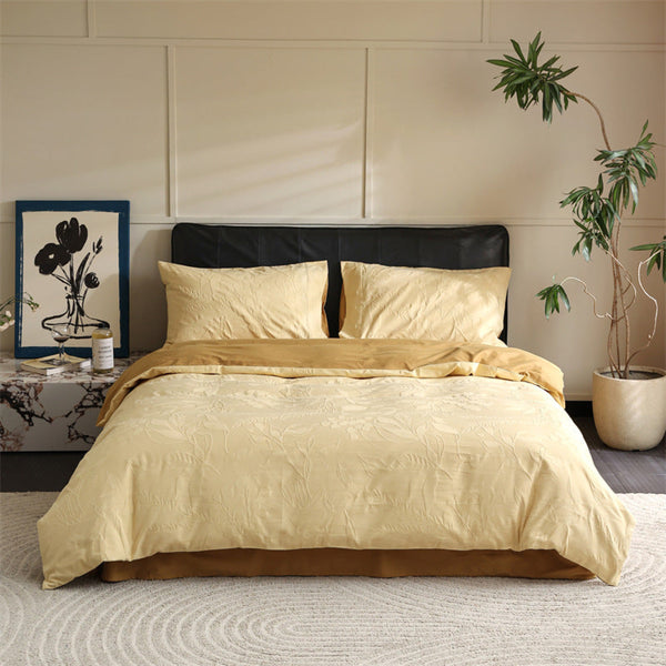 Hidden Garden Jacquard Floral Bedding Set / Custard Yellow Medium Fitted