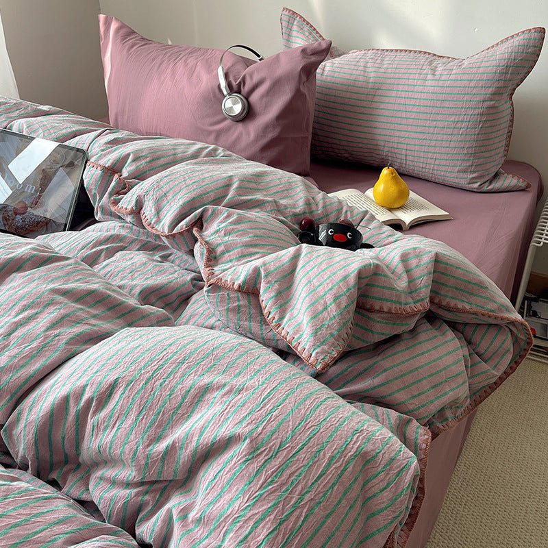 -Ever Lasting - Hudson Striped Cotton Bedding Set / Pink + Brown -Bedding Set -Ever Lasting