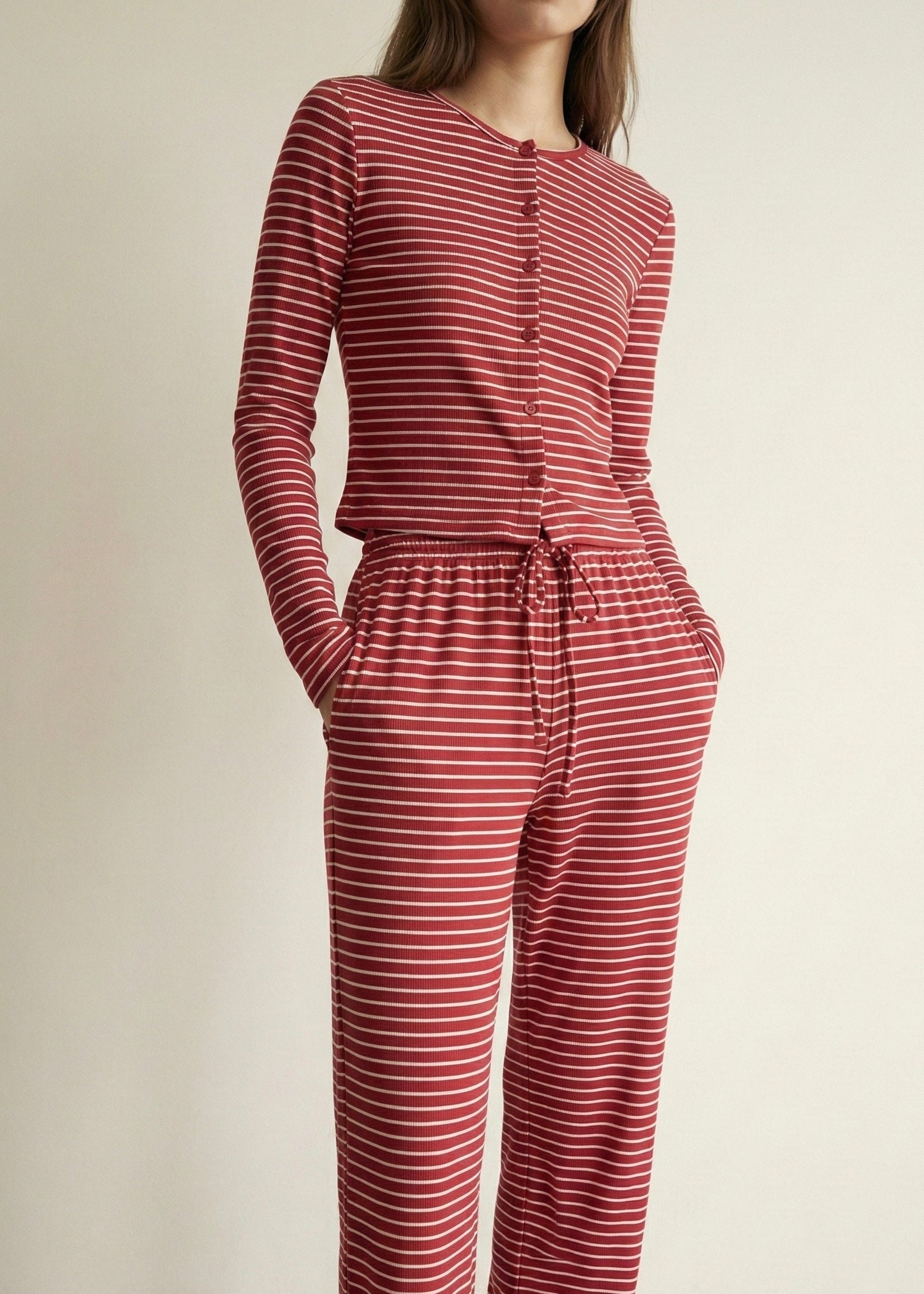  - Ever Lasting - Imogen Long - Sleeve Striped Pajama Set / Red - Pajamas - Ever Lasting
