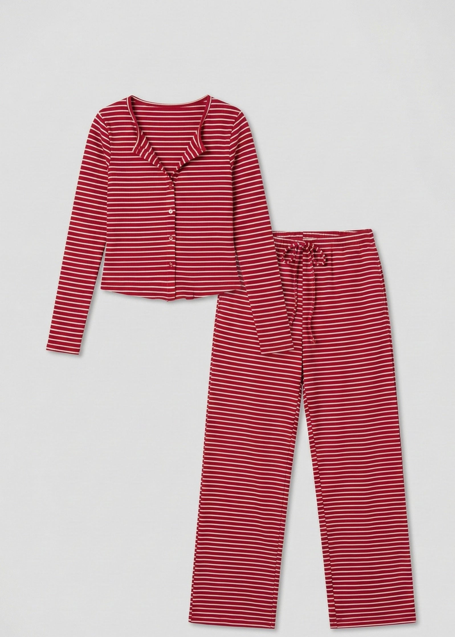  - Ever Lasting - Imogen Long - Sleeve Striped Pajama Set / Red - Pajamas - Ever Lasting
