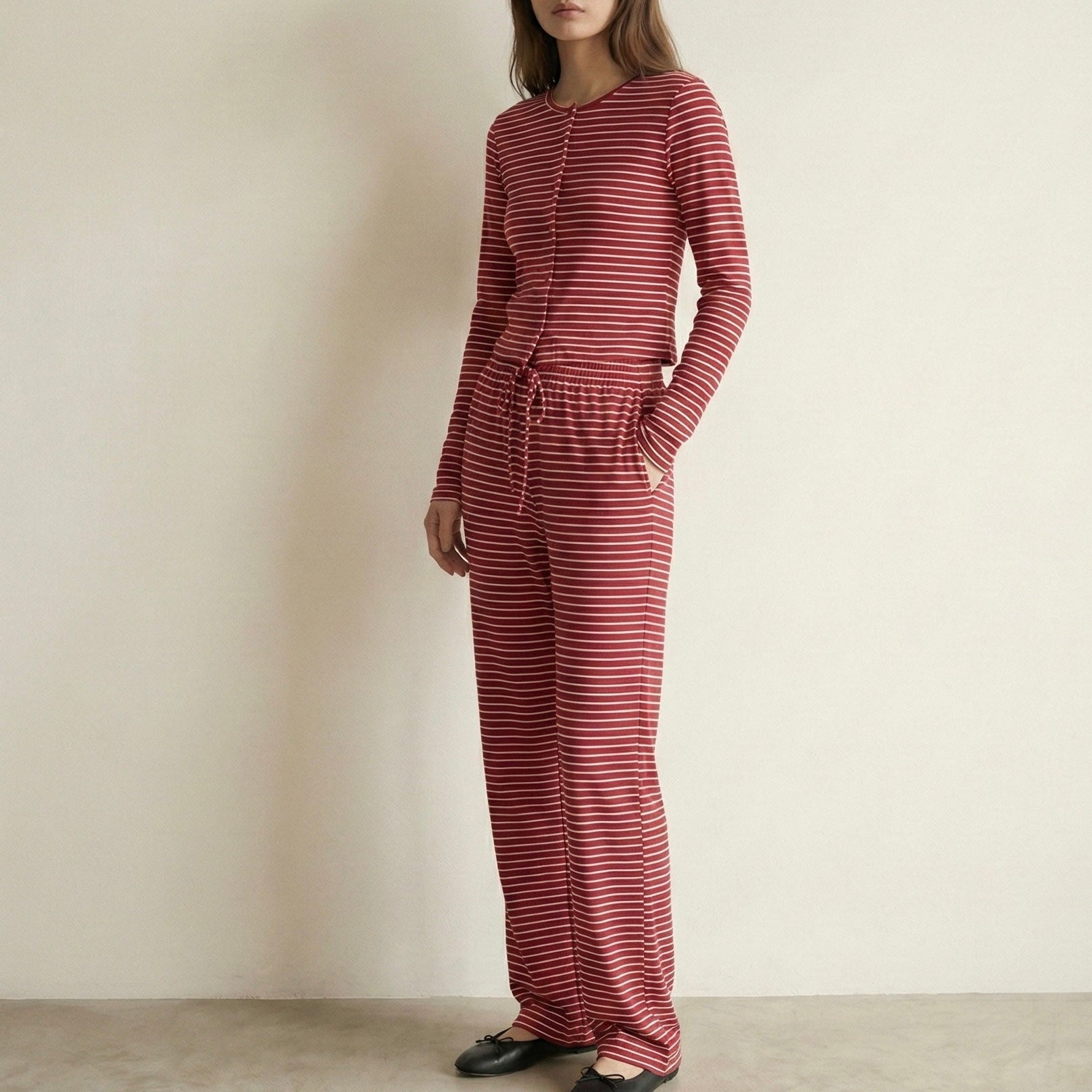  - Ever Lasting - Imogen Long - Sleeve Striped Pajama Set / Red - Pajamas - Ever Lasting