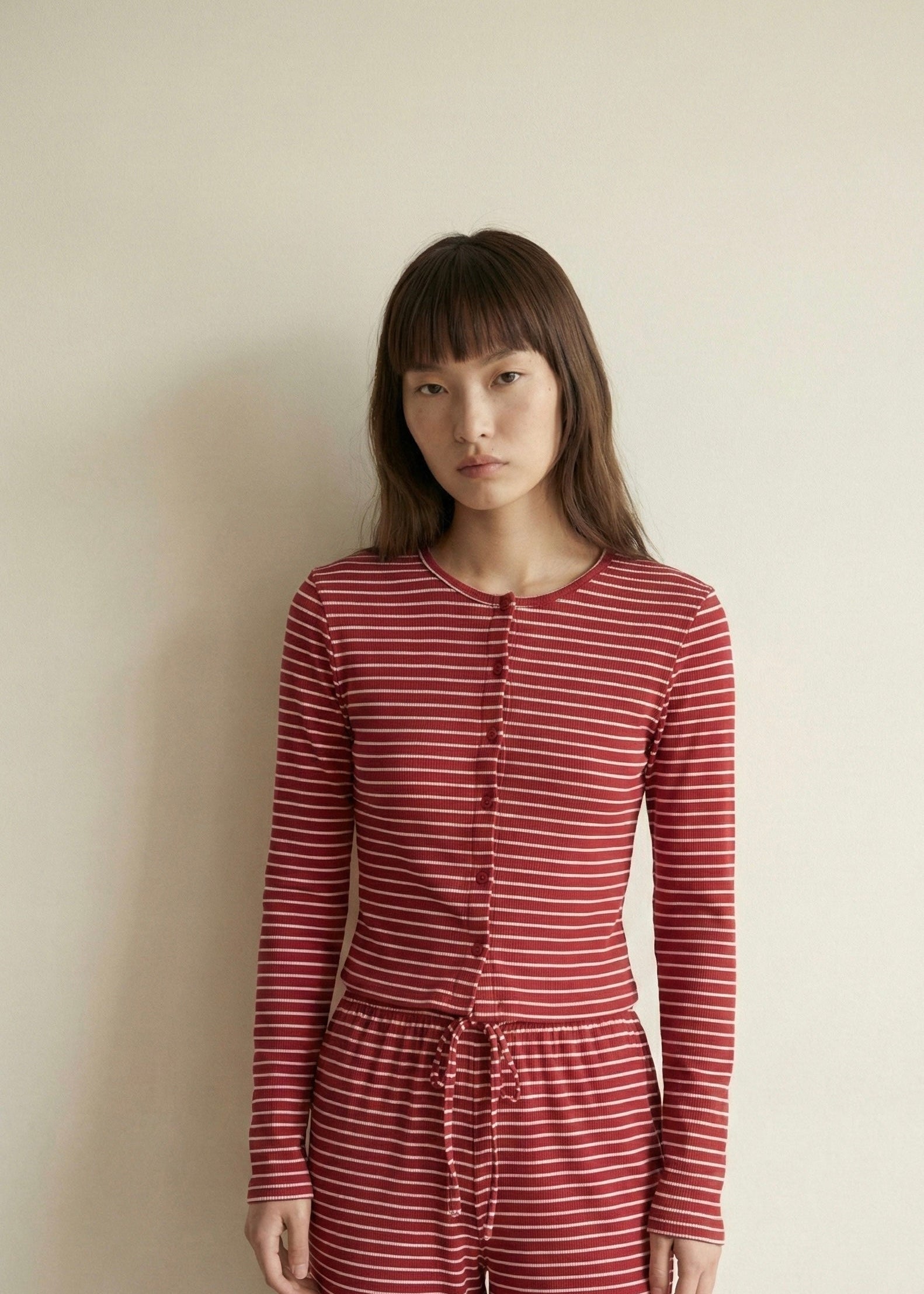  - Ever Lasting - Imogen Long - Sleeve Striped Pajama Set / Red - Pajamas - Ever Lasting