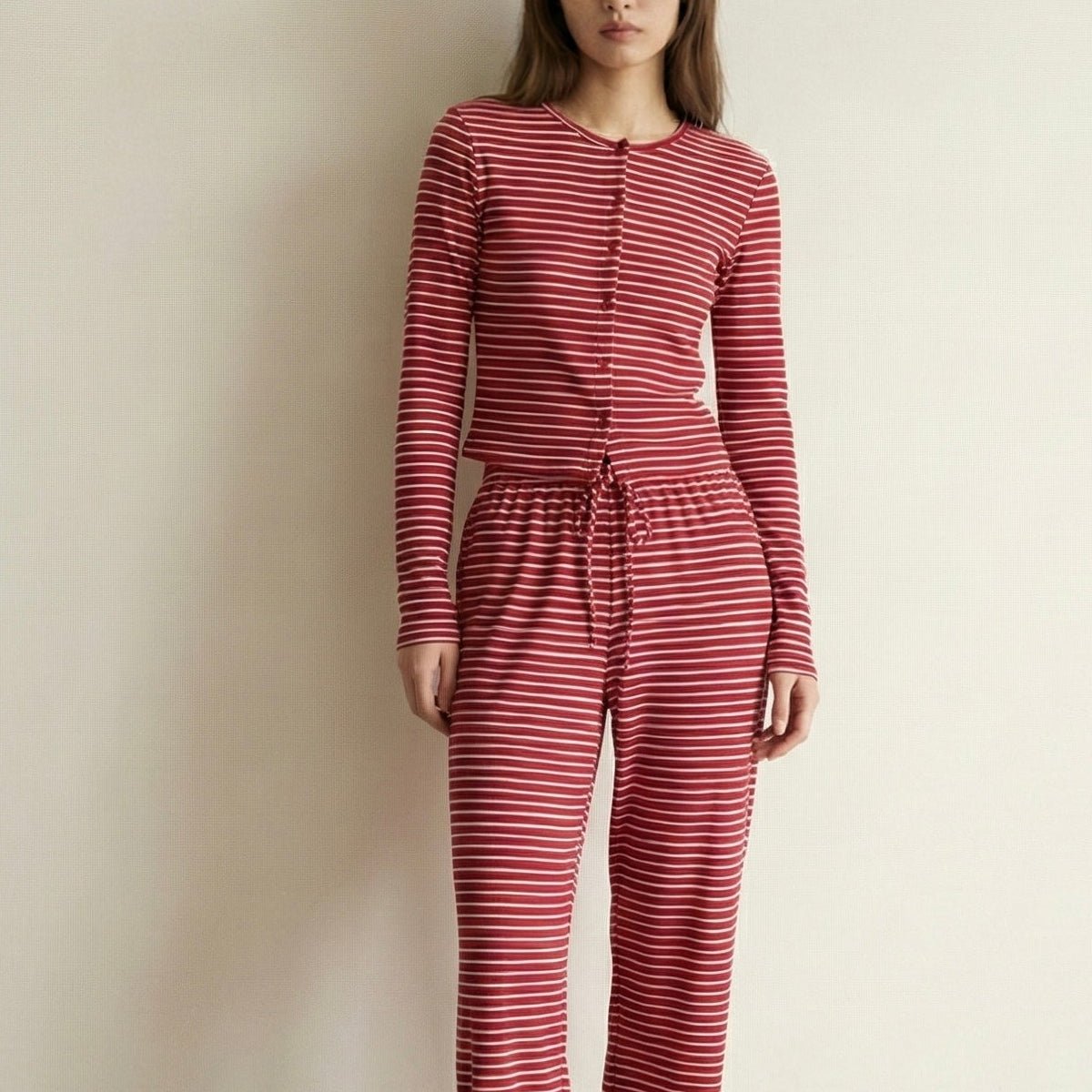  - Ever Lasting - Imogen Long - Sleeve Striped Pajama Set / Red - Pajamas - Ever Lasting