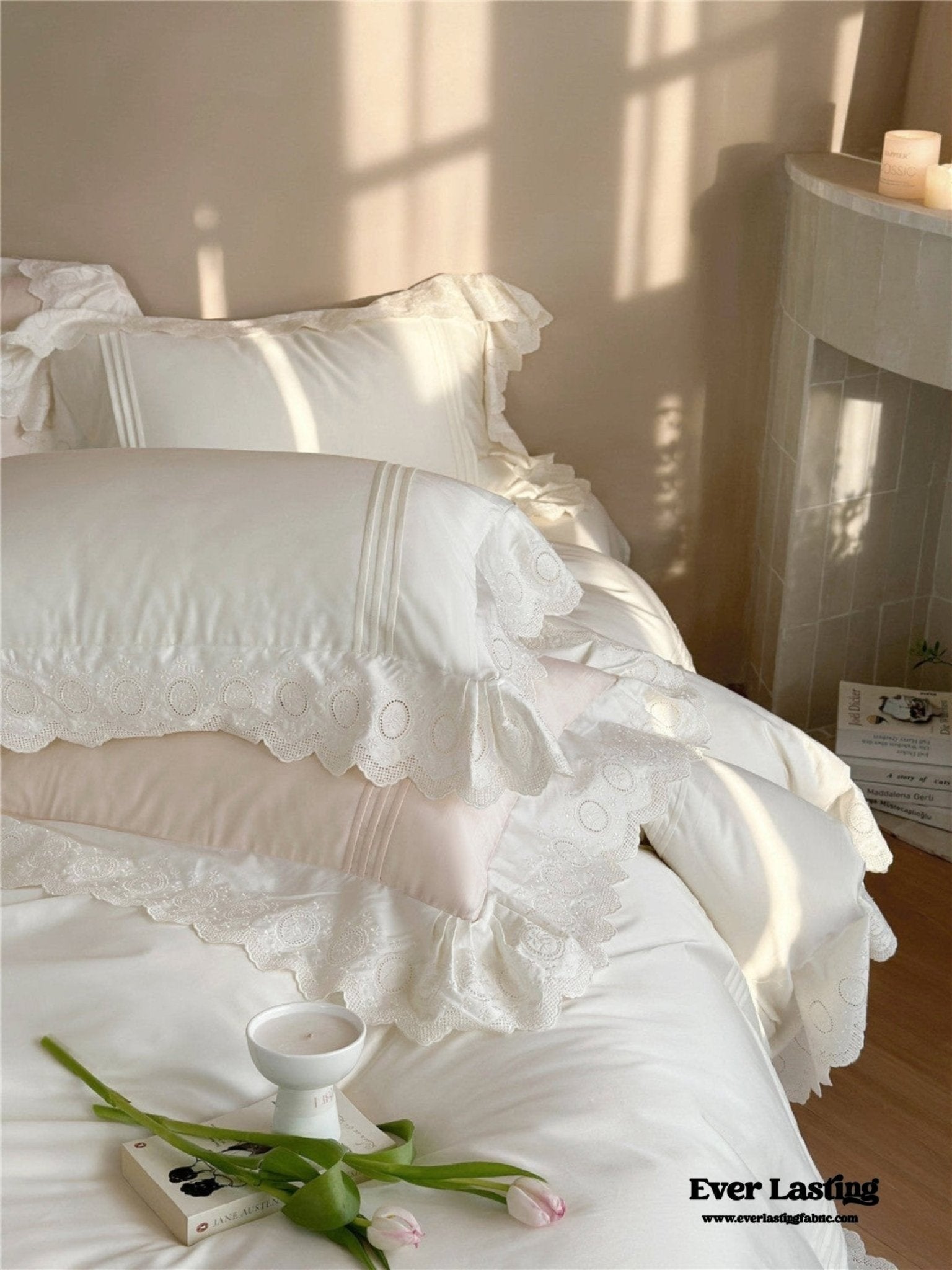 Isabelle Silky Cottage Ruffled Bedding Set / White - Ever Lasting