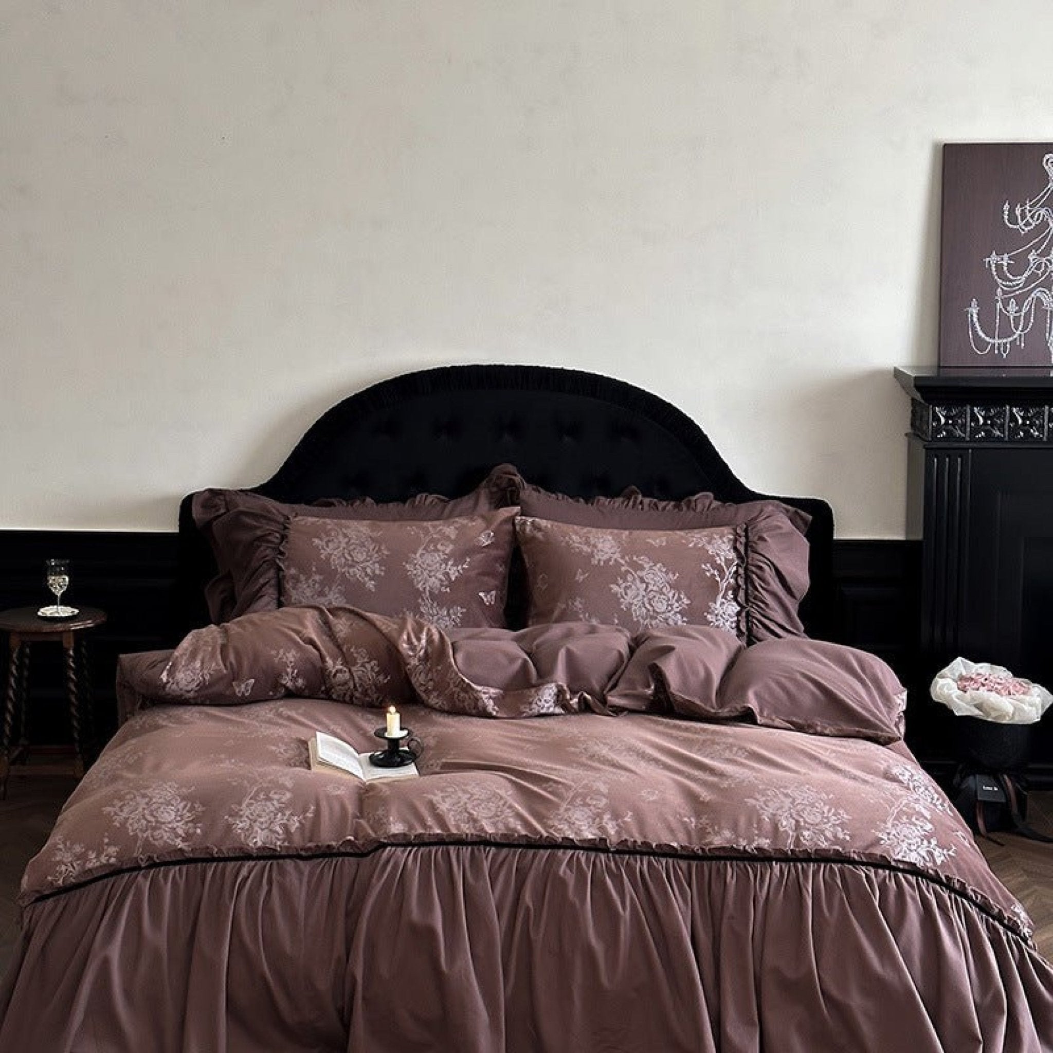 Jacquard Gilded Velvet Ruffled Bedding Set / Brown - Ever Lasting