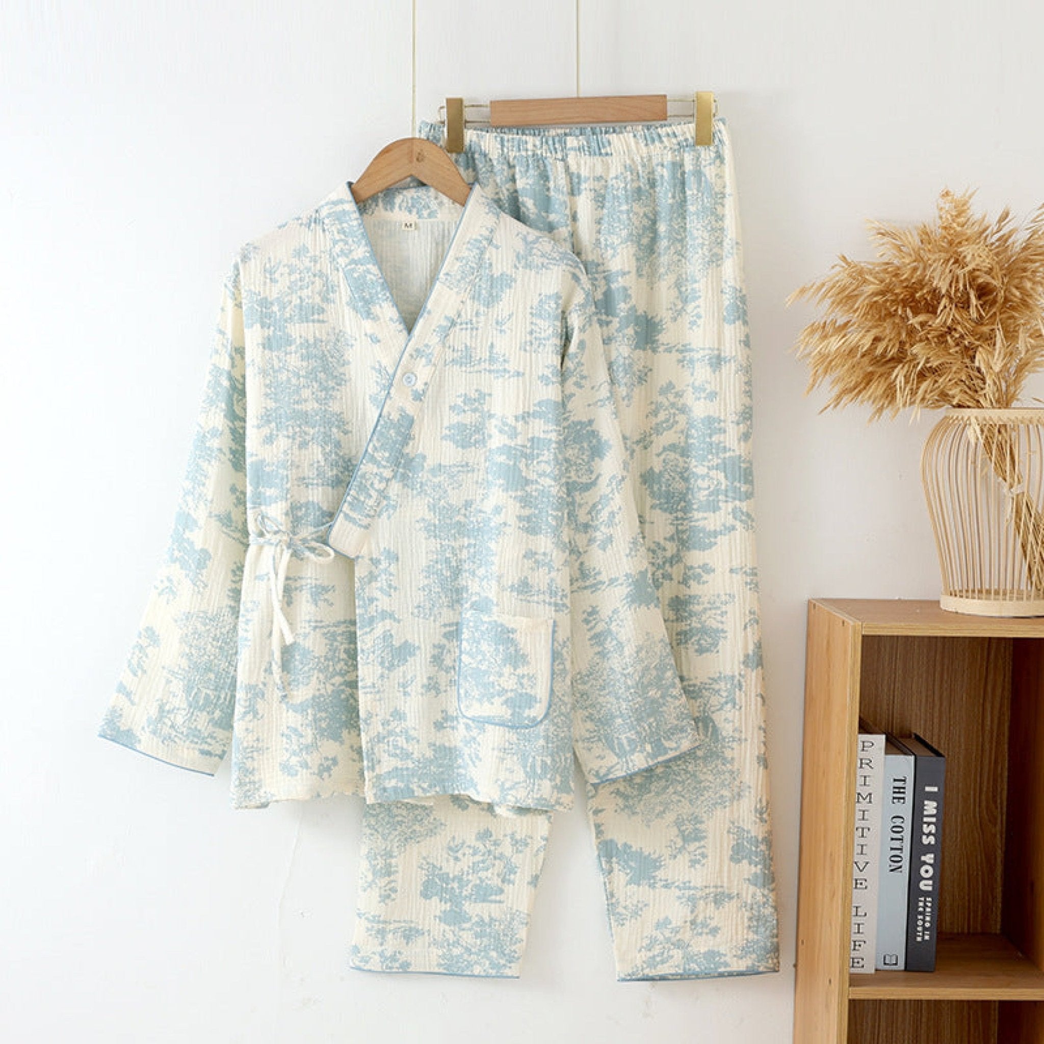 Japanese Kimono Tie Double Gauze Pajama Set / Blue - Ever Lasting