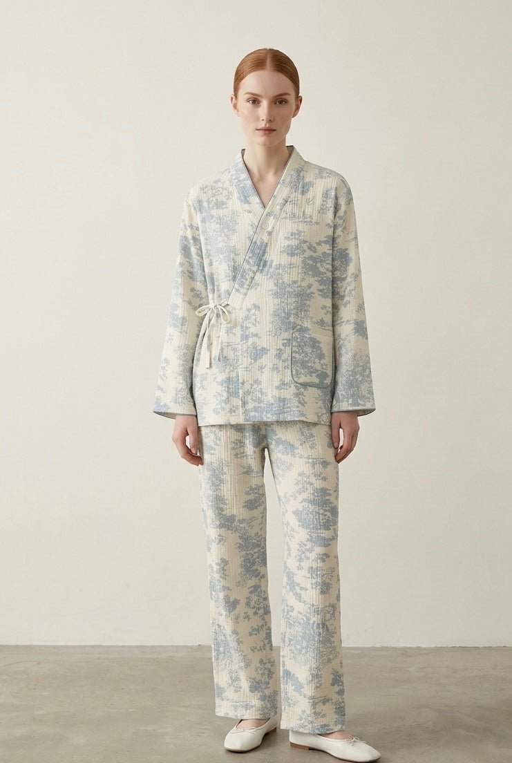  - Ever Lasting - Japanese Kimono Tie Double Gauze Pajama Set / Blue - Pajamas - Ever Lasting