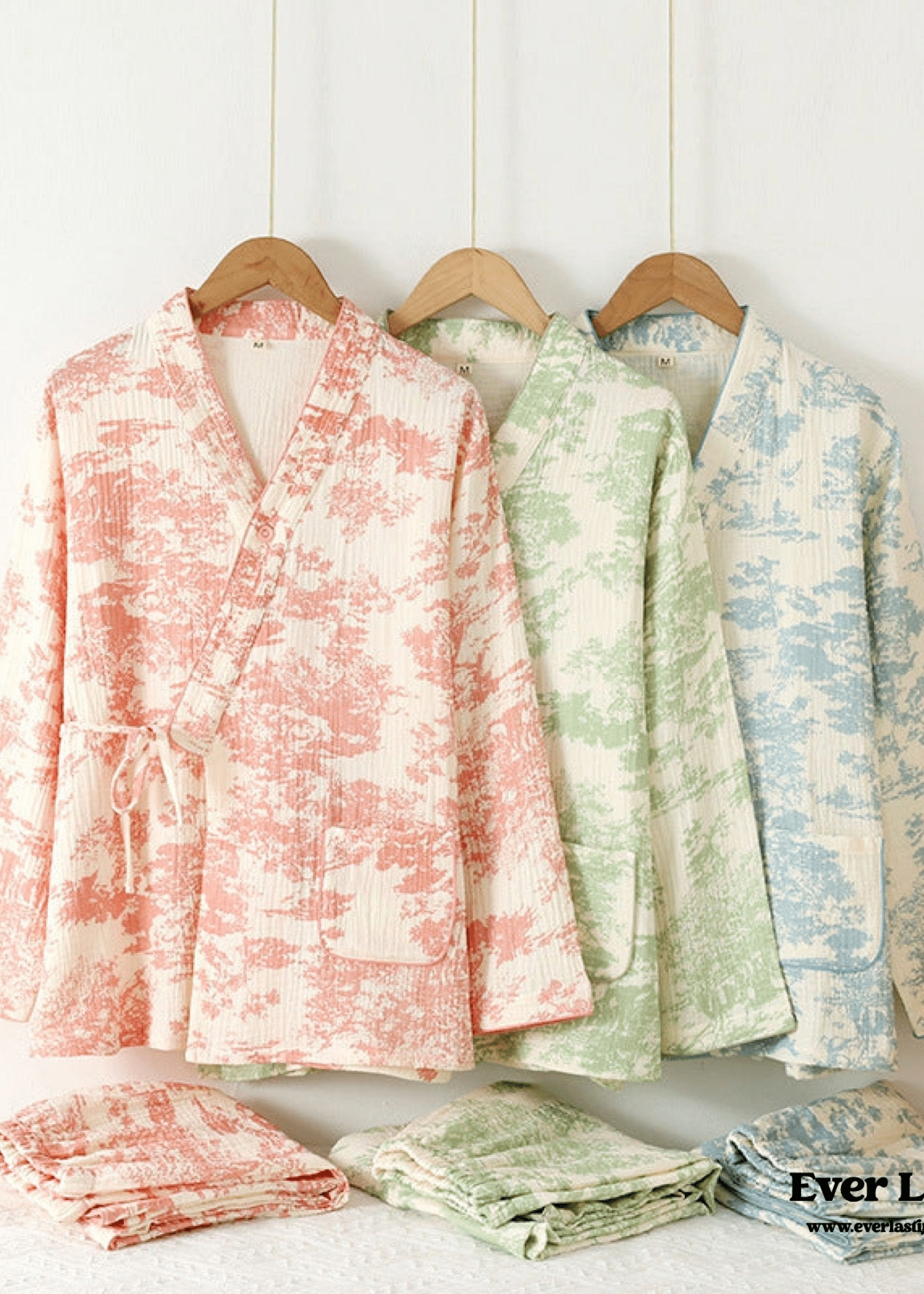  - Ever Lasting - Japanese Kimono Tie Double Gauze Pajama Set / Green - Pajamas - Ever Lasting