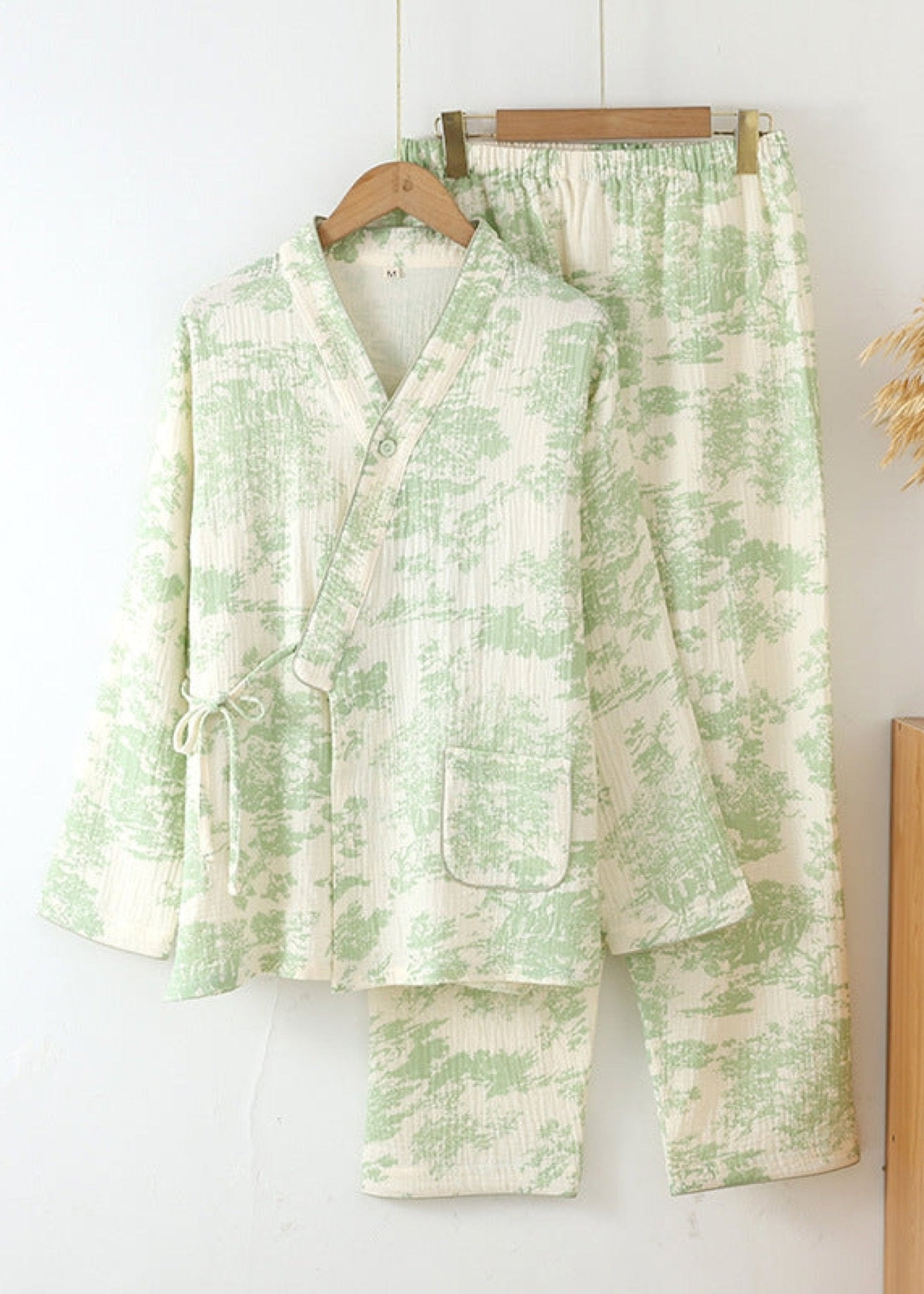 Japanese Kimono Tie Double Gauze Pajama Set / Green