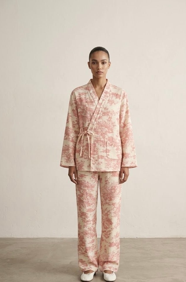  - Ever Lasting - Japanese Kimono Tie Double Gauze Pajama Set / Pink - Pajamas - Ever Lasting