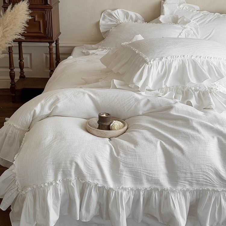 Jasmine White Ruffled Jacquard Bedding Bundle - Ever Lasting