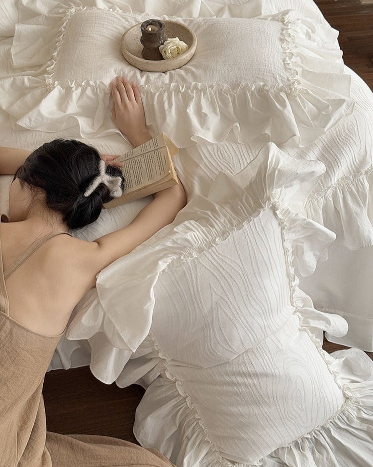 Jasmine White Ruffled Jacquard Bedding Bundle - Ever Lasting